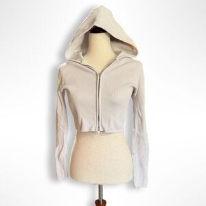 Brandy Melville, White Cropped Ribbed Arden Hoodie